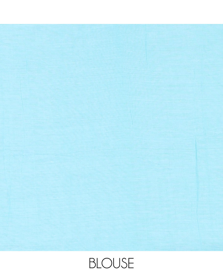 Borderless Sky Blue Khadi Mul Cotton Saree, Artfully Designed with Heart Motifs Embroidery Across Its Body, Pallu mirrors the Same Design, and Paired with a Matching Blouse