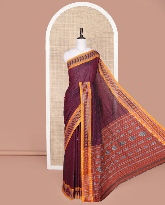 Wine Odisha Cotton Saree, Subtly Woven with Buttas All Over the Body, Complemented by a Contrast Temple Border of Geometric Thread Patterns, Pallu Depicts Geometric Patterns, and Paired with a Matching Blouse