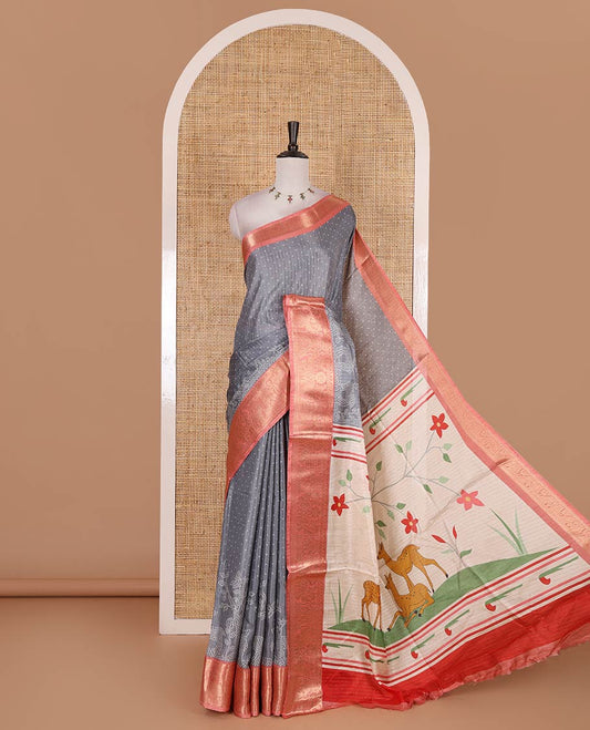 Grey bandhani dotted trees, and deer motifs printed dola silk saree, contrast zari border, pallu of tree, and deer print, and contrast zari design blouse