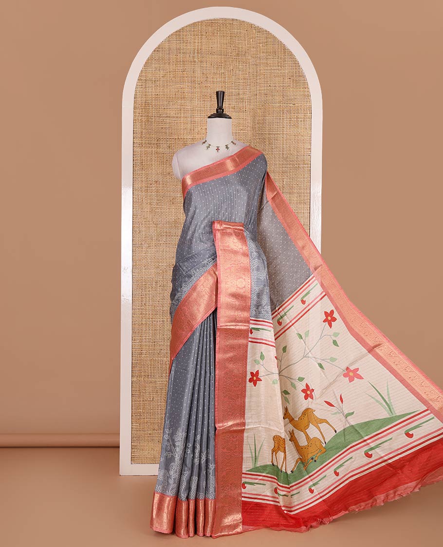 Grey bandhani dotted trees, and deer motifs printed dola silk saree, contrast zari border, pallu of tree, and deer print, and contrast zari design blouse