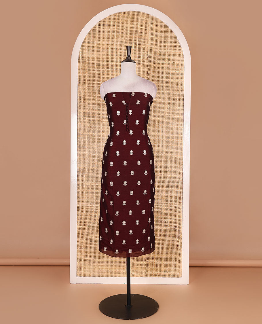 Dark brown Vichitra silk material churidar set, floral motifs embroidered top, contrast Santoon bottom, and floral vine thread embroidered scallop dupatta