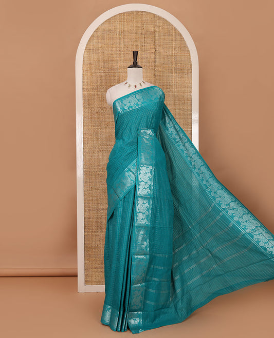 Ramar blue zari checked Sungudi cotton saree, zari annam motifs woven border, zari striped pallu & contrast zari checked blouse