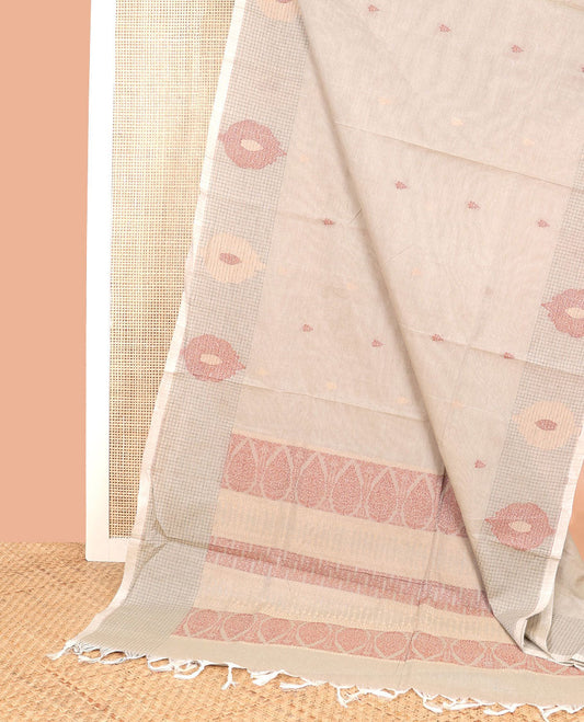 Beige floral motifs coimbatore cotton saree with self checked, floral design border & floral design pallu
