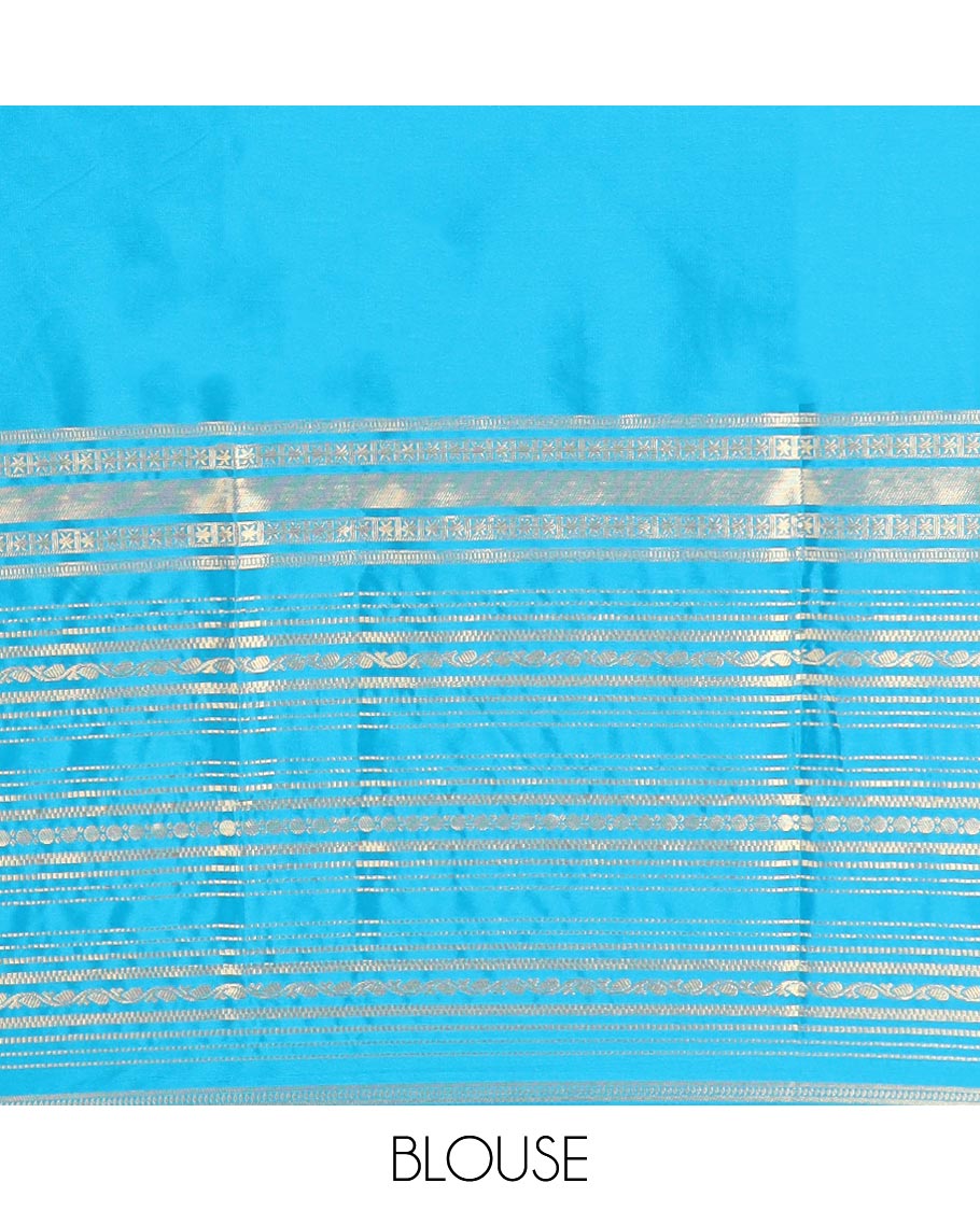 Blue mysore silk saree with contrast traditional design border &  striped zari pallu