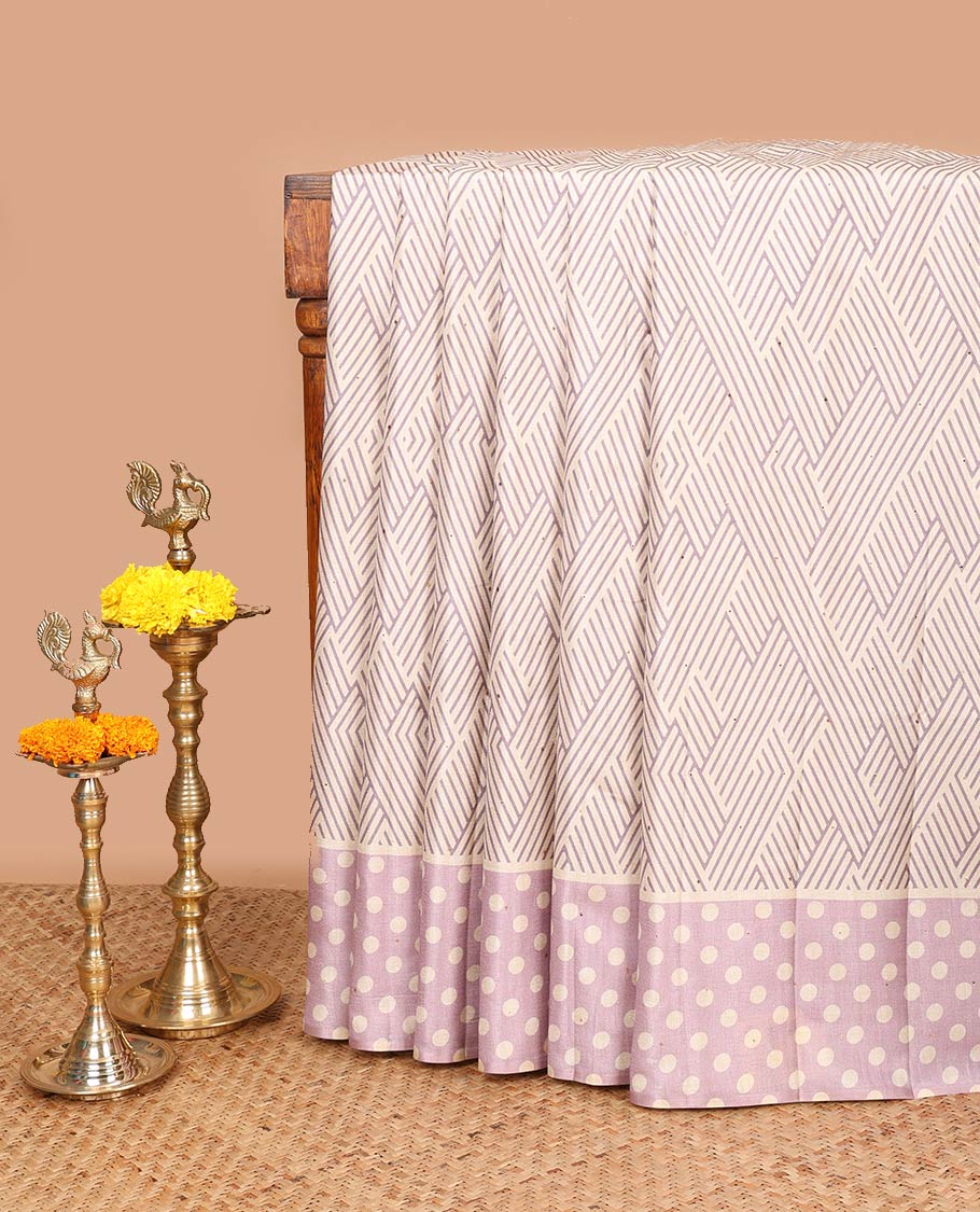 Lavender geometrical print, zari butta fancy tussar saree with polka dot border & polka dot pallu along with polka dot blouse