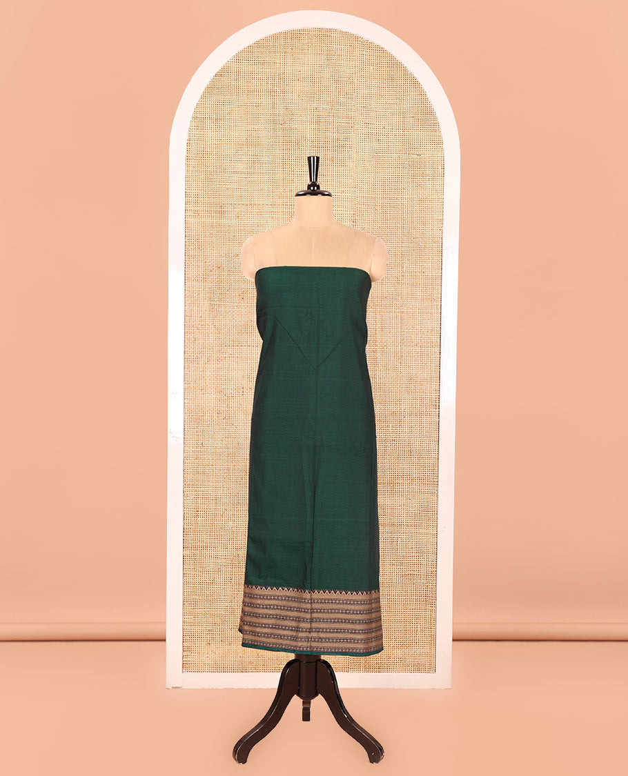 Green Mercerised Cotton Material Churidar Set, Subtly Made Plain with Traditional Bordered Top, a Mercerised Cotton Bottom, and Paired with a Mercerised Cotton Traditional Bordered Dupatta