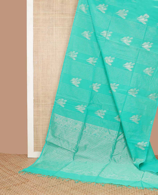Green striped, floral design semi silk saree with jaal design pallu