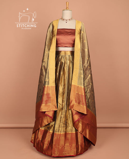 Brown buttas half saree with contrast striped border, intricate zari design blouse & butta , striped zari design dhavani