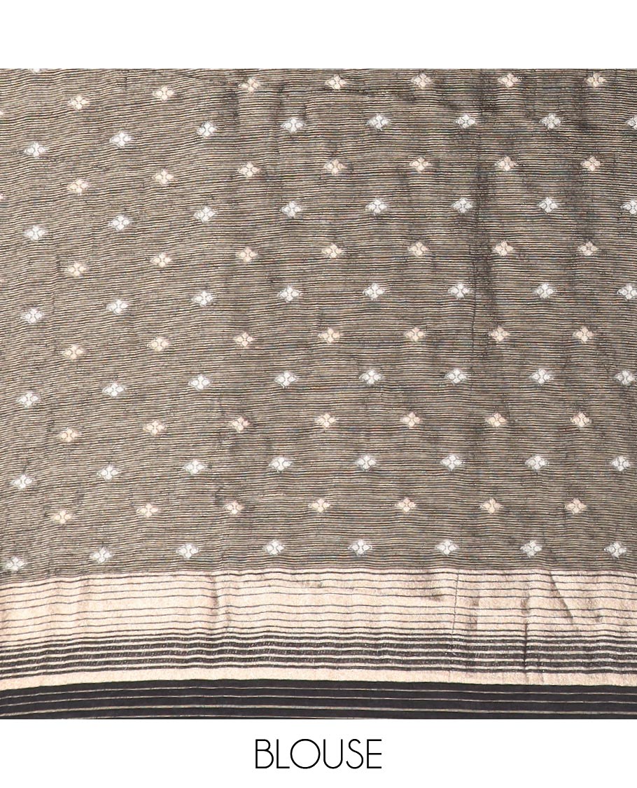 Black striped semi-banaras dola silk saree with self zari border & intricate zari design pallu