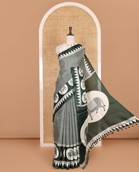 Cream-green vertically striped khadi cotton saree, contrast Pichwai cow printed temple border, Pichwai cow print pallu, and jaal printed blouse
