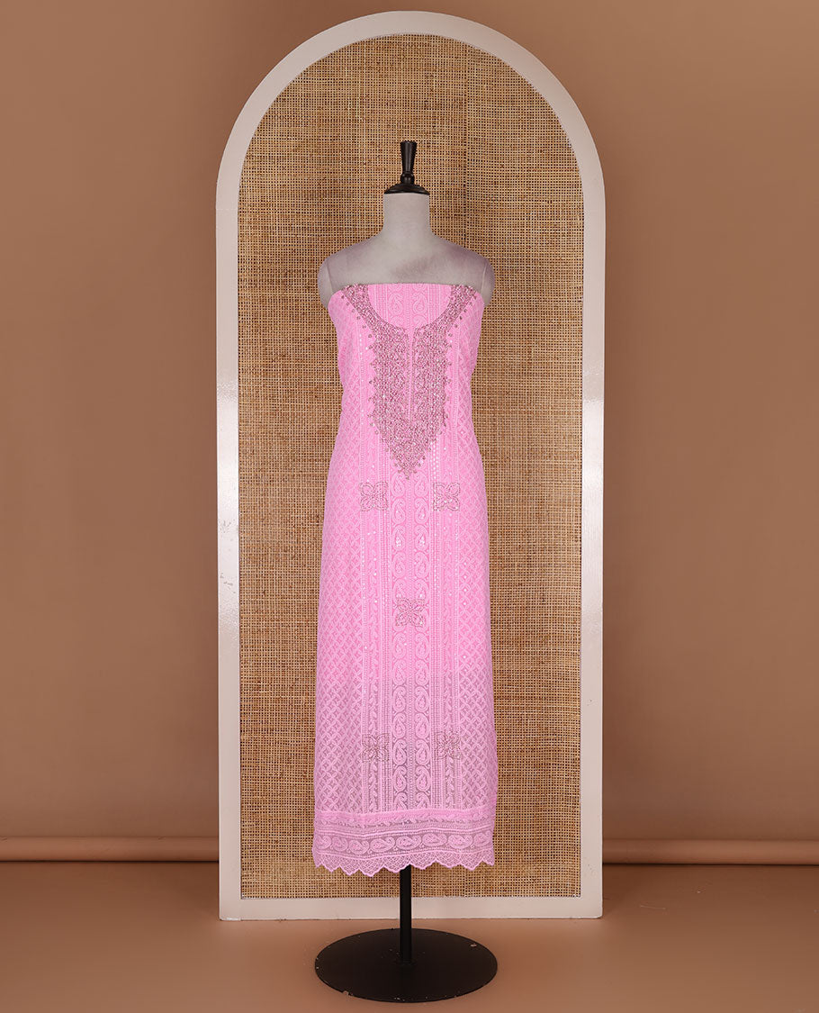 Pink material churidar set, stone work with Schiffli style embroidered georgette top, American Crape bottom, and polka dotted printed mirror work dupatta