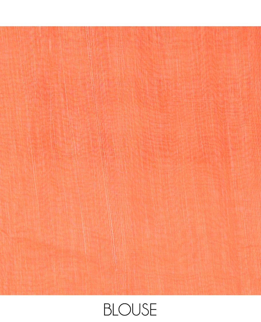 Chikku and Orange Linen Cotton Saree, Elevated with Mirror Work On Its Body, Complemented by Contrast Temple Checked Border of Floral Print and Mirror Work, Pallu Mirrors the Same Design and Paired with a Contrast Blouse