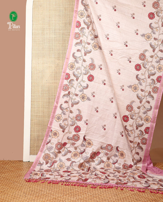 Chikku color with pink floral digital printed semi tussar silk saree with kalamkari design border & kalamkari design pallu along with printed blouse