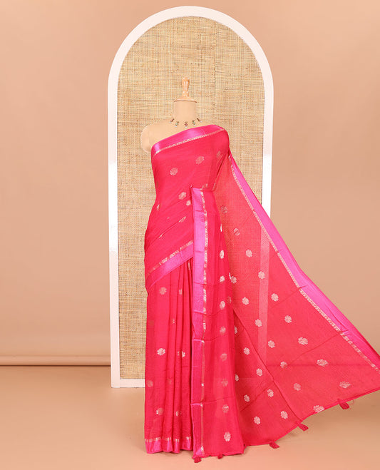 Rani pink floral zari buttas viscose khadi silk saree, traditional zari satin border, floral zari buttas woven pallu, and a matching zari design blouse