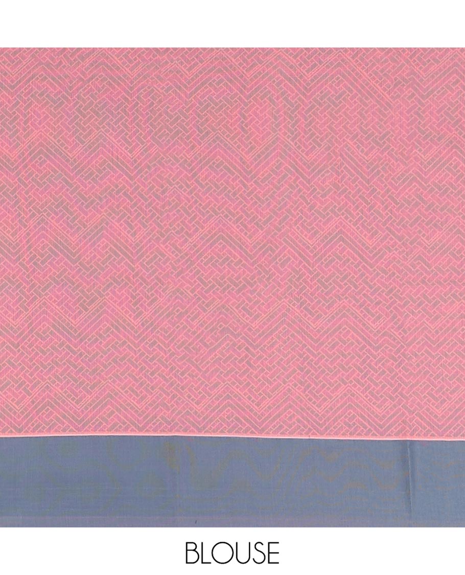 Peach Semi-Silk Cotton Saree, Sparsely Woven with Buttas All Over Its Body, Complemented by Contrast Border, Sparsely Woven Pallu of Geometric Designs, and Paired with a Matching Blouse