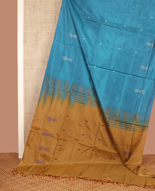 Borderless Blue Banana Pith Saree, Ornamented with Jhumka Buttas All Over Its Body, Complemented by a Contrast Pallu of Jhumka Buttas, and Paired with a Contrast Blouse