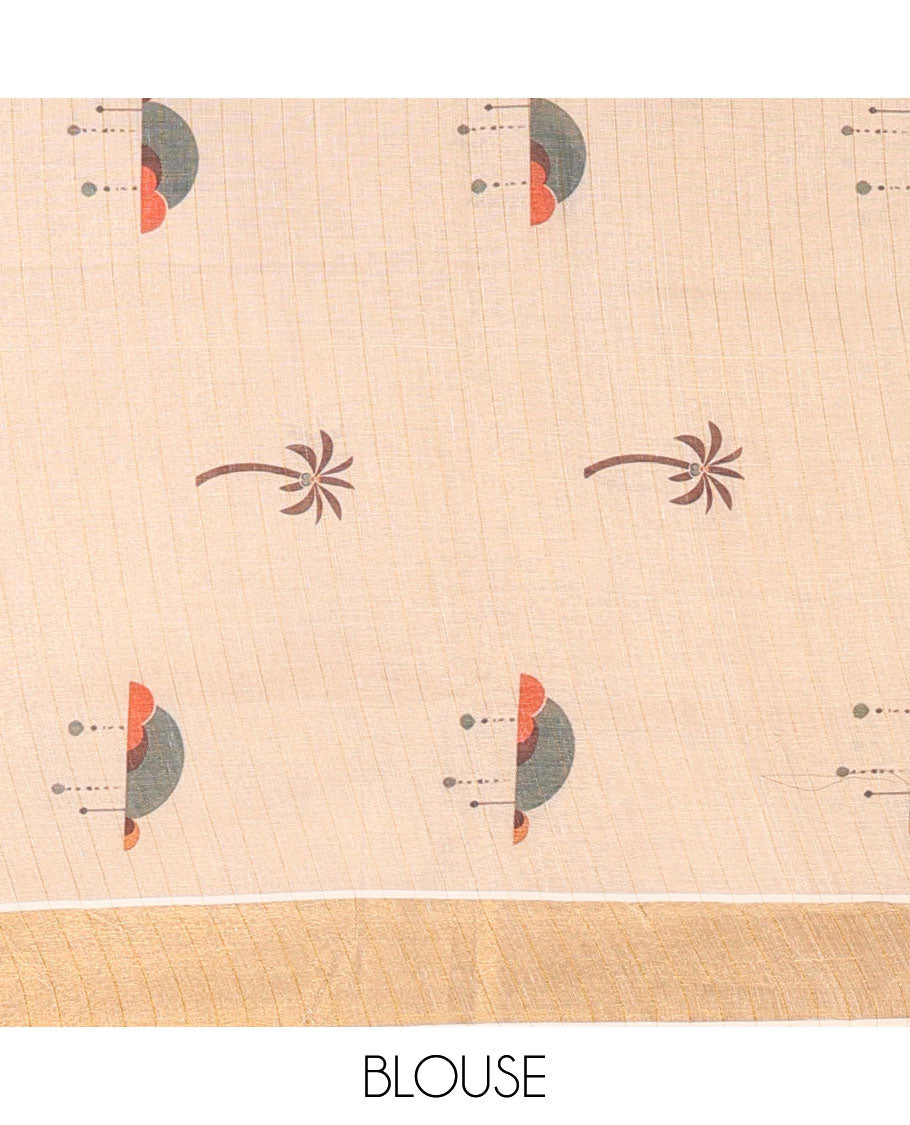 Light Gold Kerala Tissue Saree, Elevated with Desert-Themed Camel Motifs Printed on Its Body, Highlighted by a Zari Border, Desert-Theme Printed Pallu, and Paired with a Matching Blouse