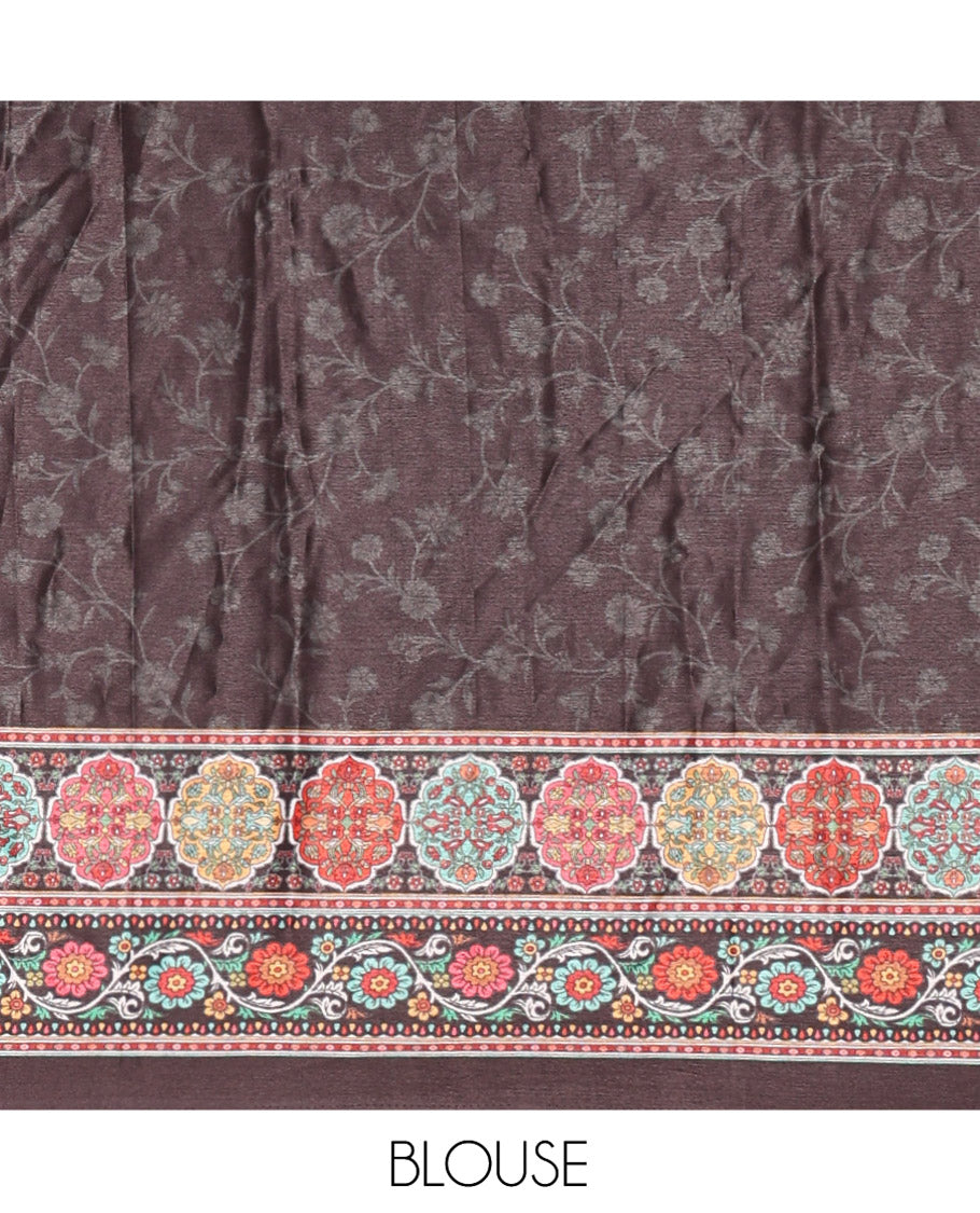 Black-Red Masakali Saree, Embellished with Kaleidoscopic-Colored Floral-Geometric Mughal-Themed Motifs Print, and Mirror Work All Over Its Body, Printed Border, Intricately Printed Mirror Work Pallu, and Paired with a Matching Blouse