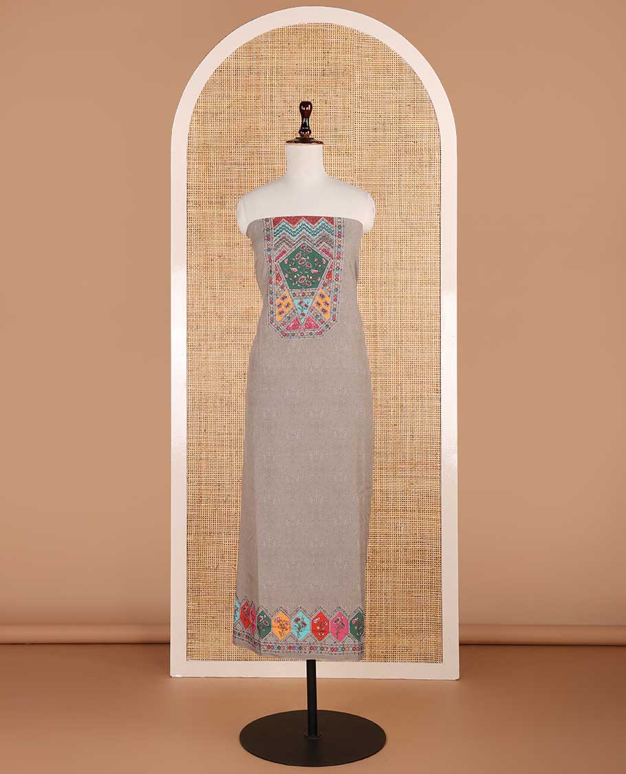 Ash color negative print, geometric design, swarovski work crepe chudidhar material top with american crepe pant & chinnon material geometric print, swarovski work dupatta