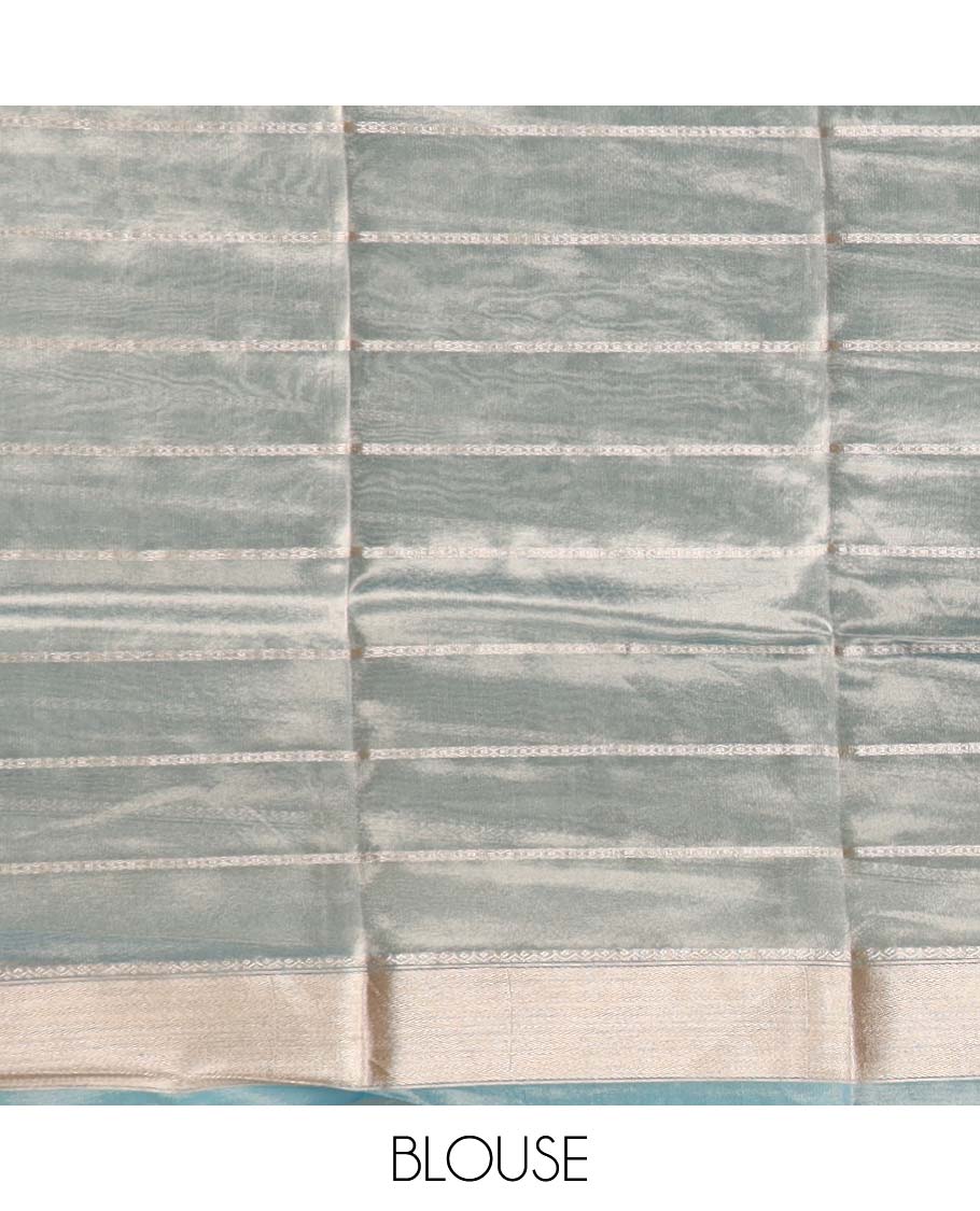Sky blue striped semi-banaras tissue saree, plain border & striped pallu 