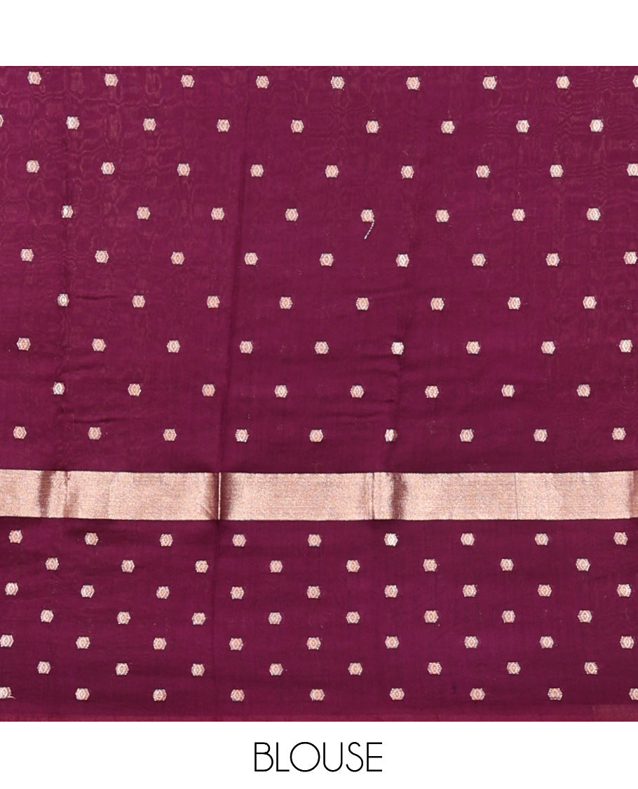 Pink Assam Silk Saree, Steeped with Zari Buttas, Complemented by a Contrast Zari Buttas Woven Border, Zari Design Pallu, and a Contrast Blouse