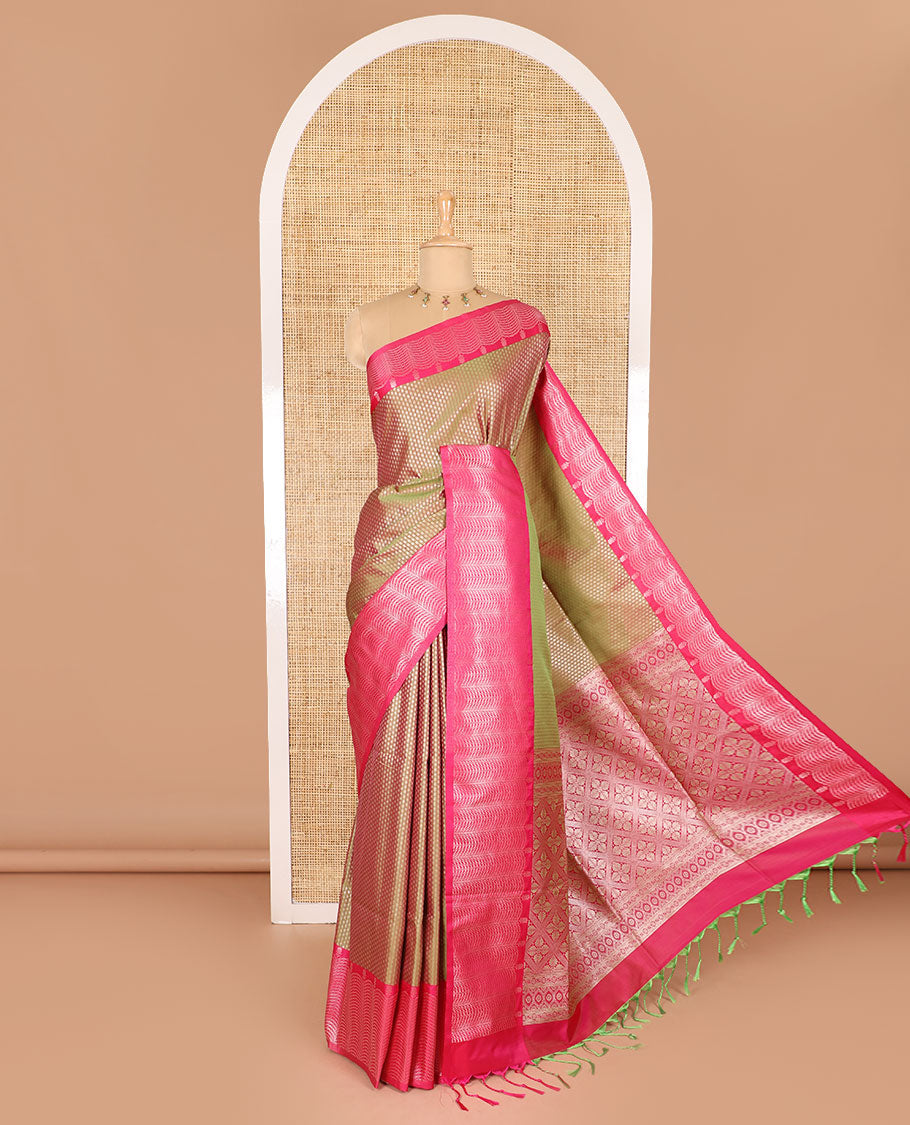 Olive green small zari buttas woven elite soft silk saree, contrast zari woven scallop satin border, jaal pallu, and a contrast chakram zari motifs blouse