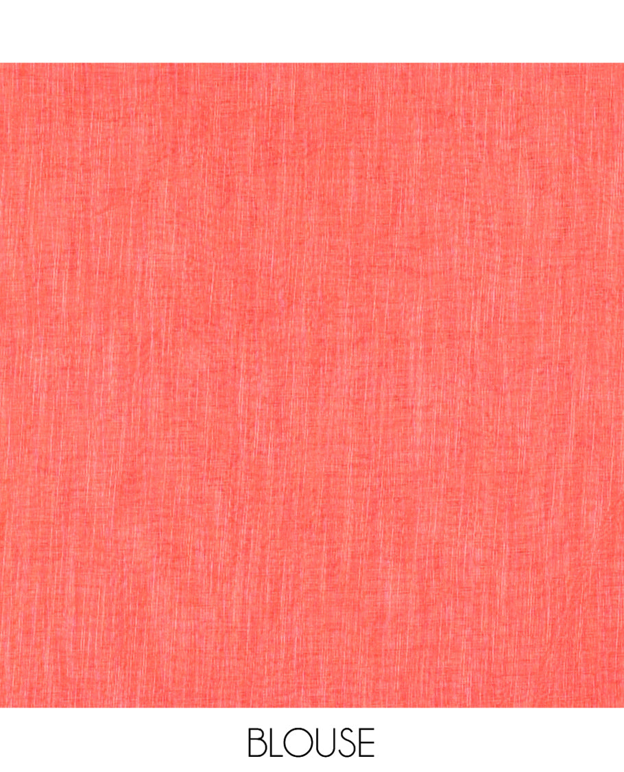 Chikku-Orange Linen Cotton Saree, Ornamented with Intricate Print, a Contrast Ikat Border, Printed Pallu, and Contrast Blouse