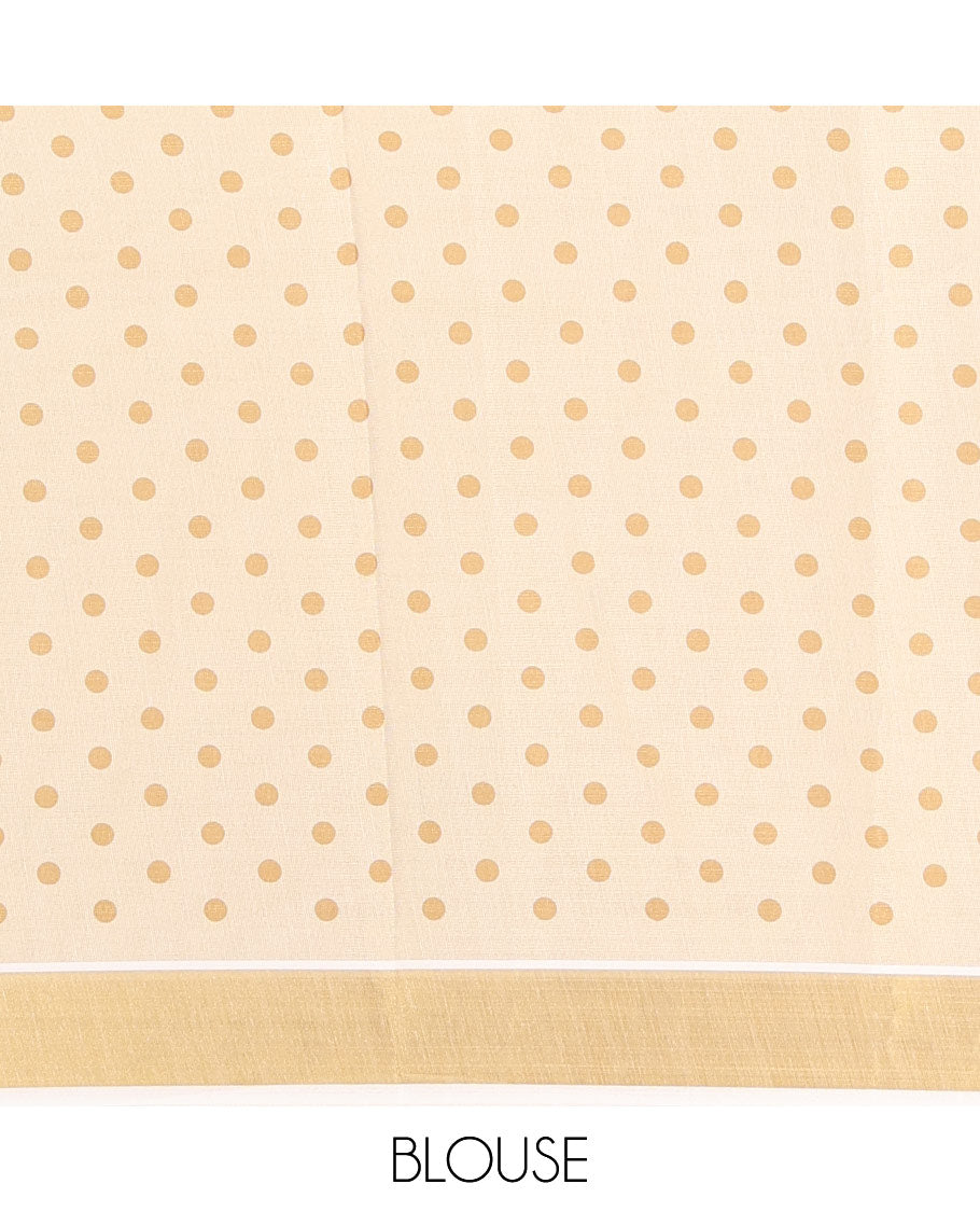 Cream Kerala Cotton Saree, Adorned with Polka Dots, a Zari Border, Pallu of Polka Dots, and a Matching Blouse