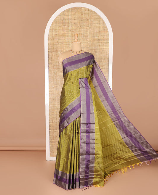 Mehendi green checked semi-soft silk saree, contrast satin zari striped border, striped pallu, and a matching blouse