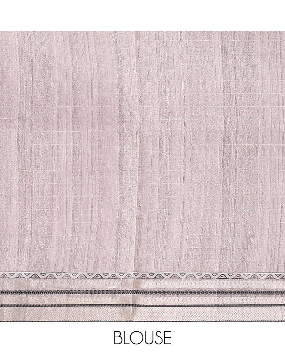 Purple checked semi-banaras tussar saree with contrast jacquard border & striped pallu