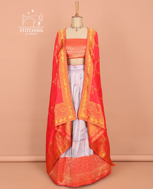 Grey floral printed art silk half saree, contrast traditional design border, jacquard blouse & intricate dhavani