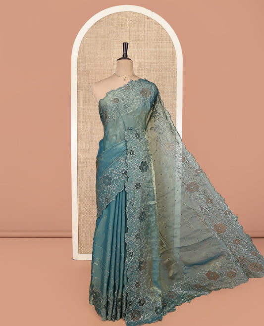Peacock Blue Designer Saree, Spotlighted with Stonework, Scallop-Cut Stonework Border, Self Pallu, and Matching Blouse
