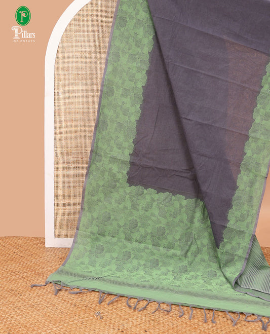 Steel grey coimbatore cotton saree with contrast thread border & threaded rich pallu along with striped blouse