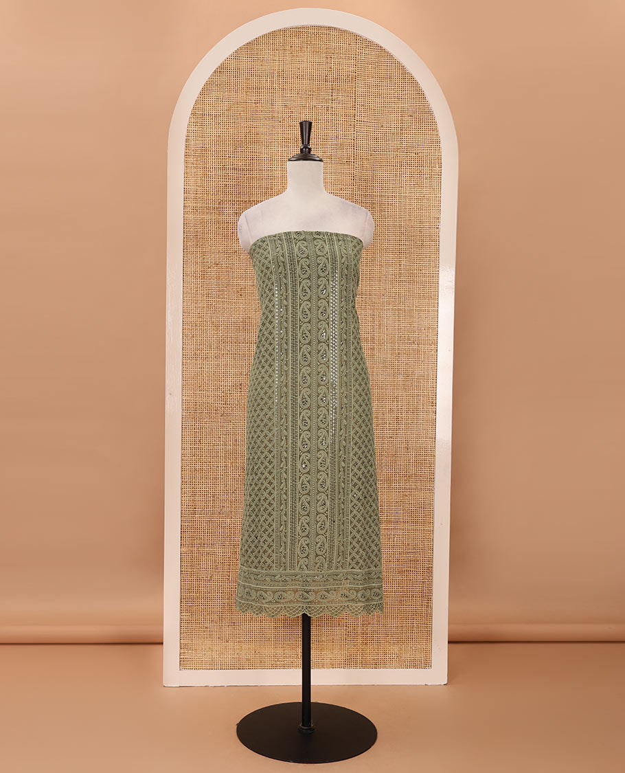 Olive green material chudidar set,  floral, paisley & geometric schiffli embroidered georgette top & orginal mirror embroidered georgette dupatta