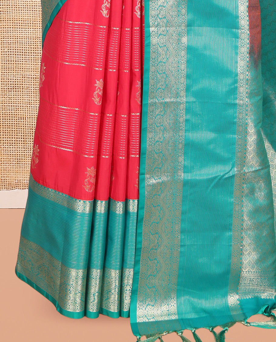 Pink-Sapphire Blue Zari Design Budget Silk Saree, Contrast Traditional Border, Grand Pallu, a Contrast Blouse