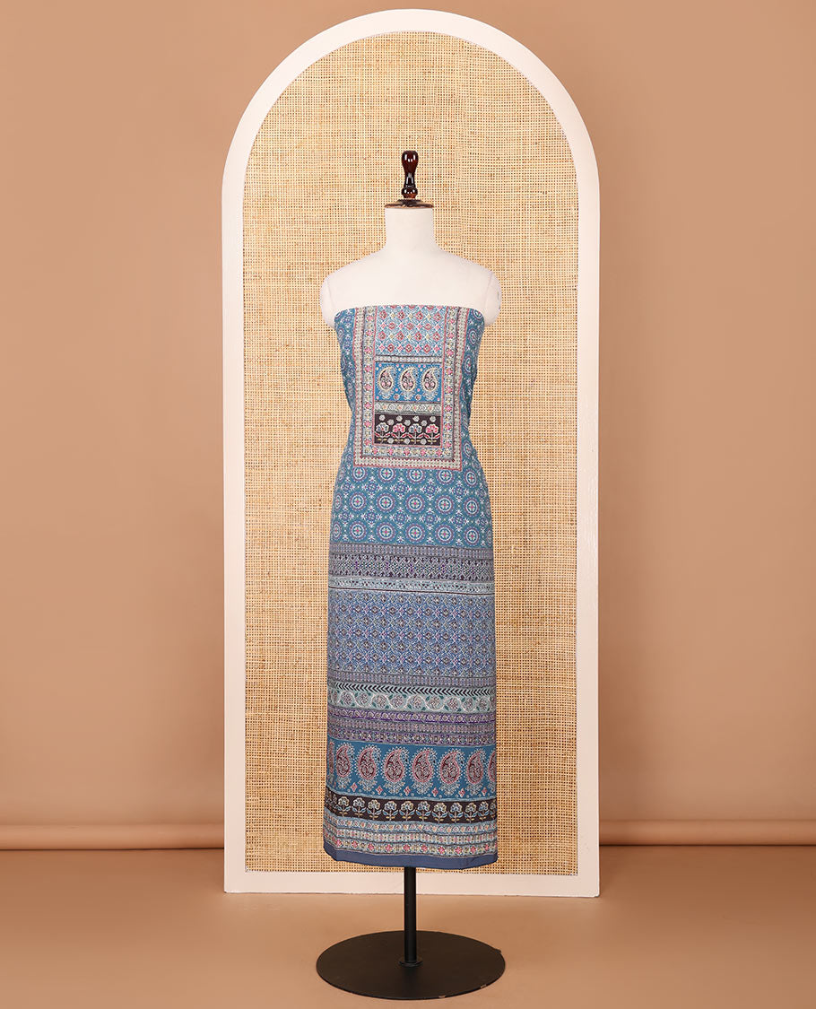 Peacock blue crepe chudidar material set, ajrakh-print with daman floral design top, plain bottom & dupatta of bandhani dots & ajrakh-style print