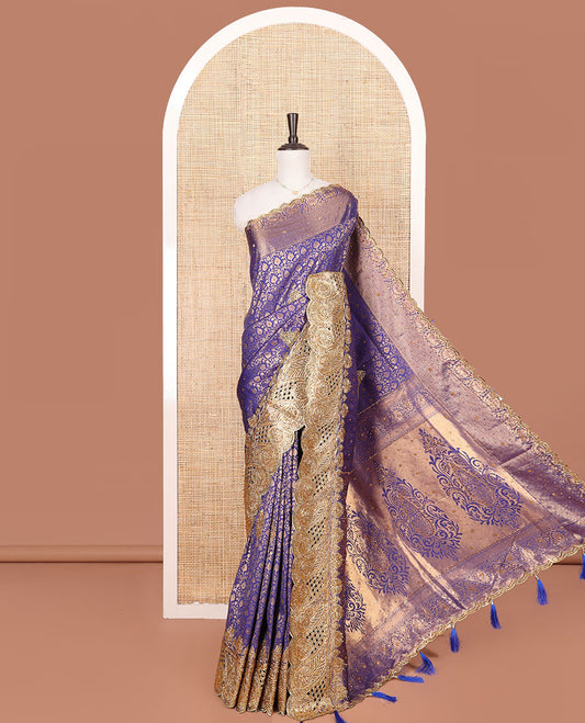 Blue Vastrakala Silk Saree, Artfully Detailed with Jaal Jacquard and Embroidery, Complemented by Traditional Zari and Cut-Embroidered Scallop Border, Grandly Zari and Stone Work Pallu, and Paired with Matching Embroidered Blouse