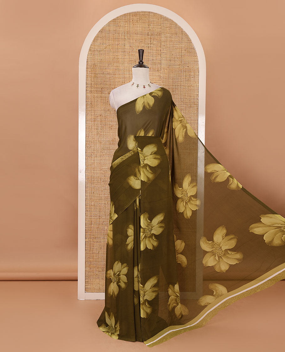 Borderless olive green big floral motifs printed georgette saree with contrast printed blouse