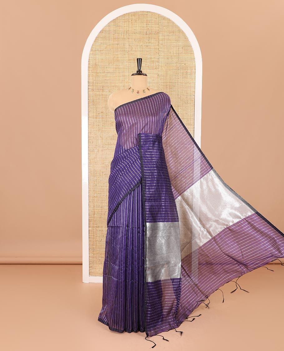 Borderless dark violet silver zari vertically striped khadi mul cotton saree, gleaming zari pallu and a matching blouse