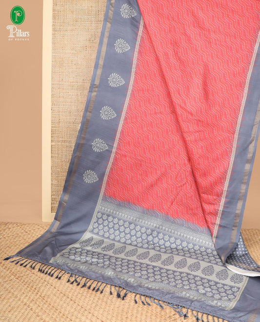 Red with grey printed design katan silk saree with contrast gold zari piping botder & printed rich pallu along with small butta printed blouse