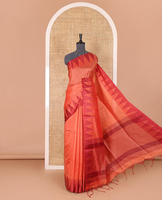 Orange sparsely striped semi-tussar saree, contrast temple red border, striped pallu, and contrast blouse