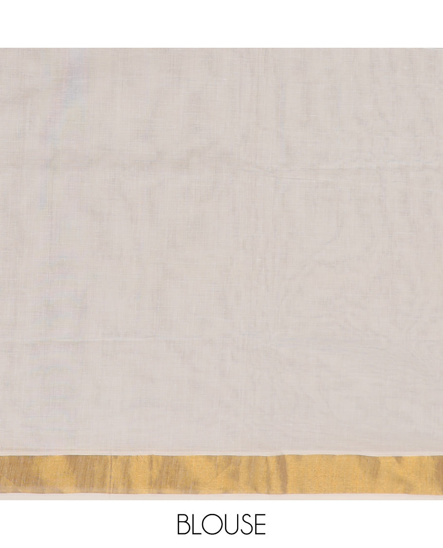 Cream kerala saree with zari designs, plain border & pallu of intricate zari designs