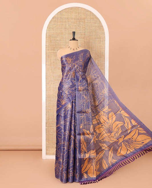 Borderless violet floral motifs printed tissue silk saree with floral printed pallu, and a contrast plain blouse