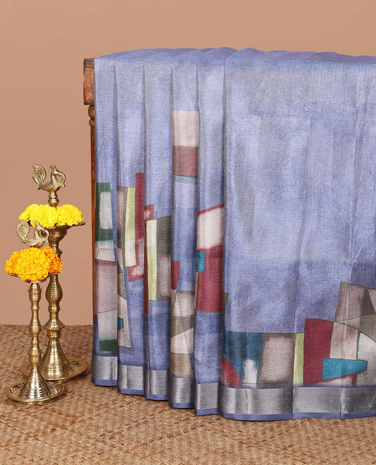 Grey blue geometrical print crush tissue saree with zari border & tissue pallu along with plain blouse