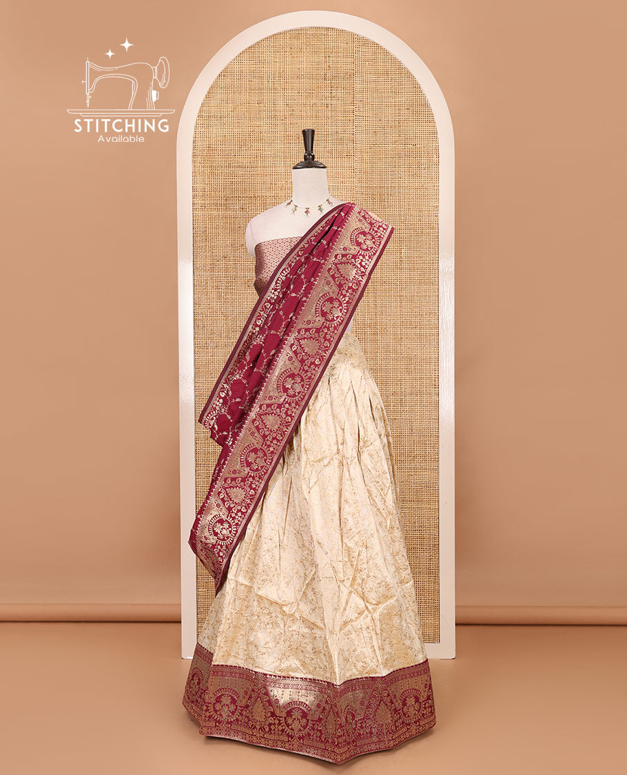 Cream-maroon semi-banaras half-saree, floral jaal jacquard & contrast traditional zari border skirt, floral jacquard blouse & contrast zari design blouse