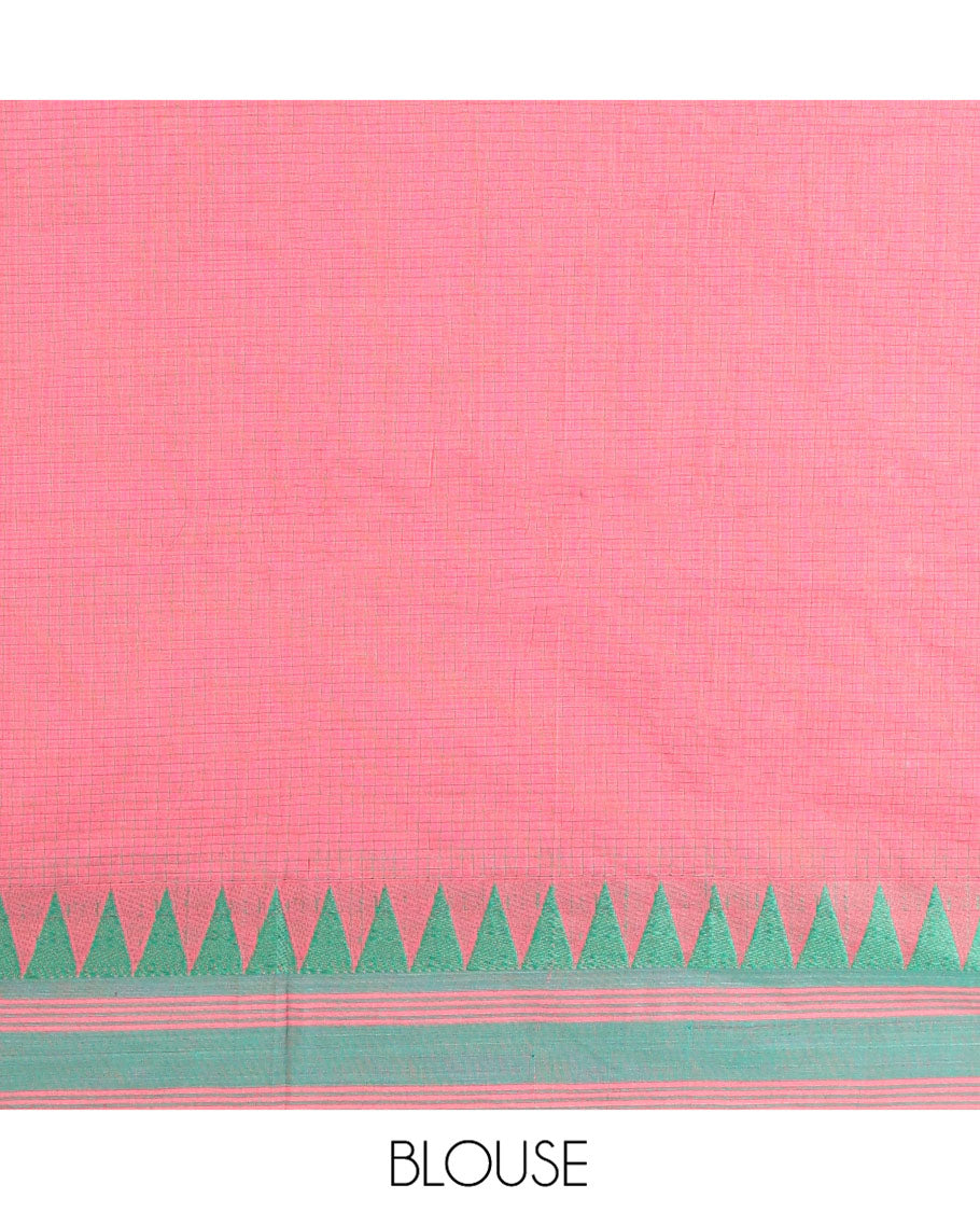 Pink Chettinad Cotton Saree, Sparsely Sparkled with a Checked Design on Its Body, Complemented by a Contrast Temple Border, Subtly Striped Pallu, and Paired with a Matching Blouse