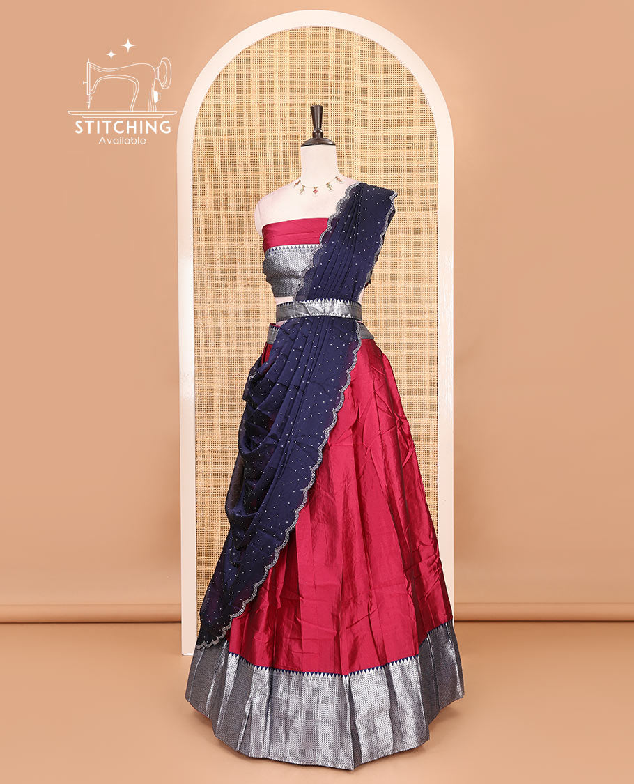 Rani pink-navy blue taffeta silk half-saree, plain & contrast temple & kathir boder skirt, matching blouse & contrast stonework scallop border syska georgette dhavani