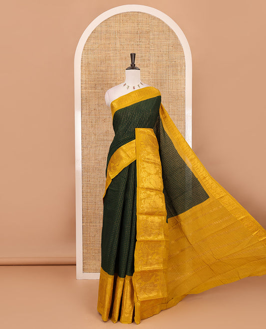 Bottle green zari checked Sungudi cotton saree, contrast zari border decked up with peacock motifs, zari striped pallu & contrast veldhari stripes blouse