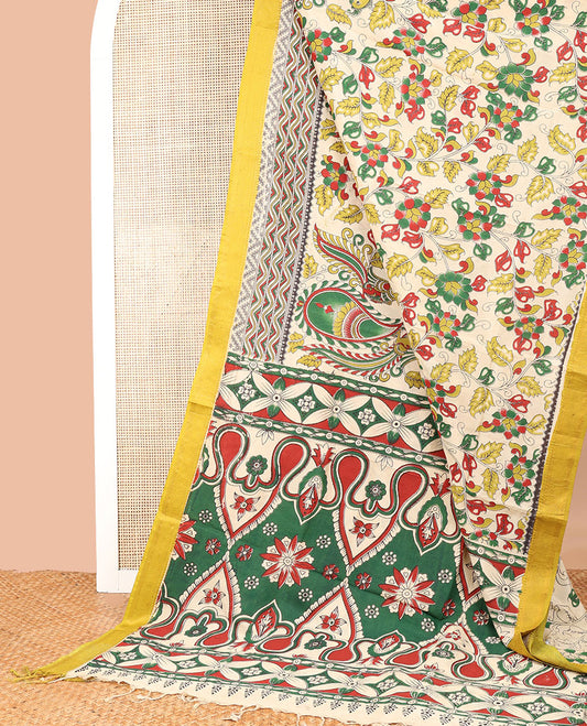 Off-White floral vine design machine-printed kalamkari cotton saree with contrast zari design border & animal motifs pallu