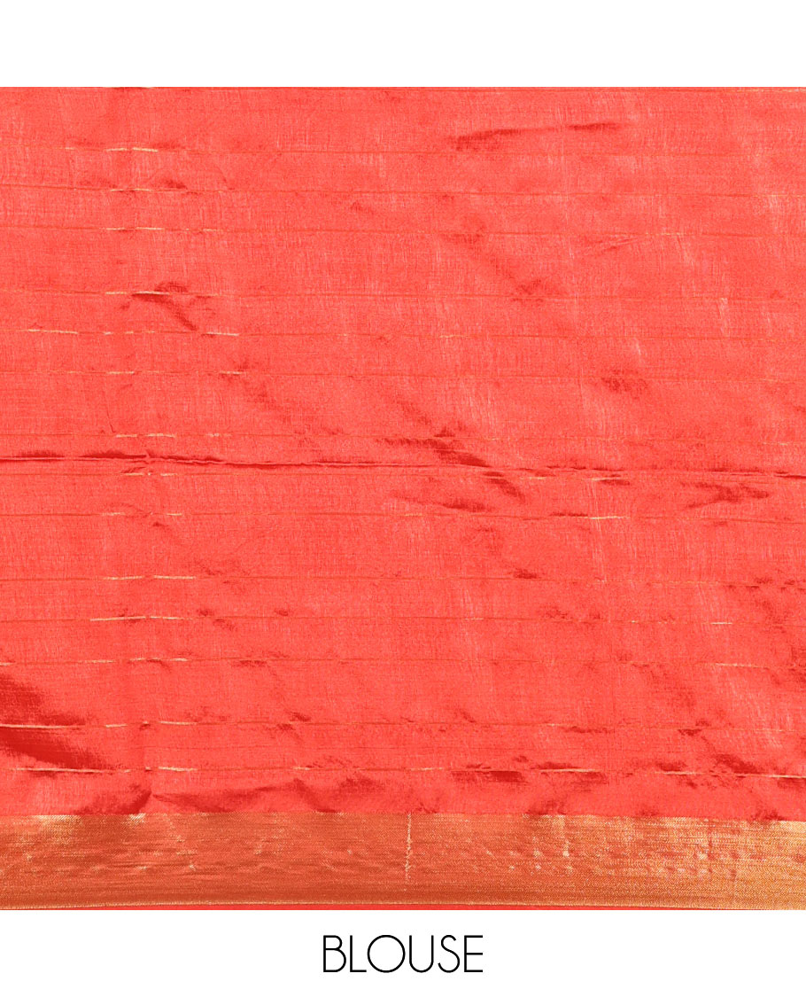 Red zari buttas and striped banana pith saree, bavanji border, zari striped pallu, and a matching blouse